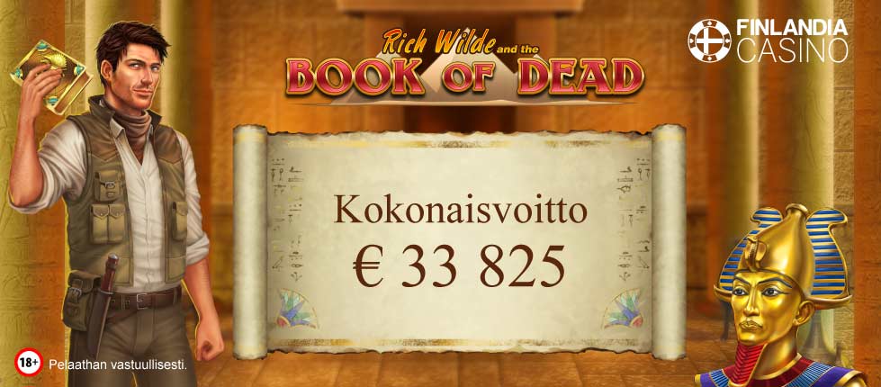 Kuvakaappaus Book of Deadin voittonäkymästä, jossa vanhalle käpristyneelle paperille kirjoitettu: Kokonaisvoitto 33 825 €.